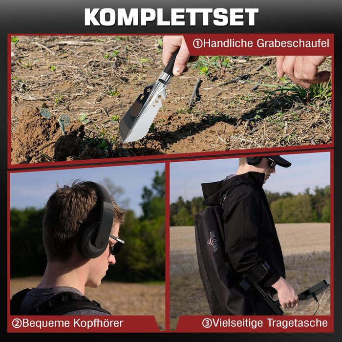 Металодетектор DR.ÖTEK Profi Set для дорослих та початківців: 6 режимів, водонепроникний (IP68), 3 режими ґрунту, Pinpoint, з аксесуарами, червоний