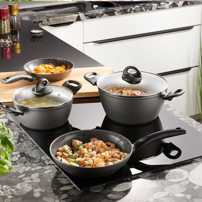 STONELINE Ceramic Cookware Set, 16-Piece, 18/20/24/28 cm Pots and Pans, PFAS-Free, Cookware Set with Lids, Ceramic Coating with Real Stone Particles, Grey, 16-Piece