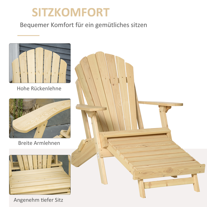 Розкладний садовий стілець Adirondack Outsunny з підніжкою 78 x 140 x 94 см з соснового дерева, зручний шезлонг для саду та вуличних меблів