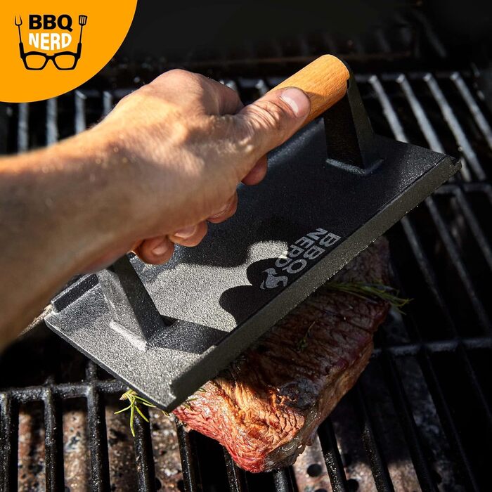 Прес для м'яса з чавуну з дерев'яною ручкою, 18 см, круглий - прес для бургерів, гриль-прес, вага для BBQ, м'яса, бекону, сиру, сендвічів. Діаметр 18 см, круглий (21 x 11 см - квадратний, чорний)