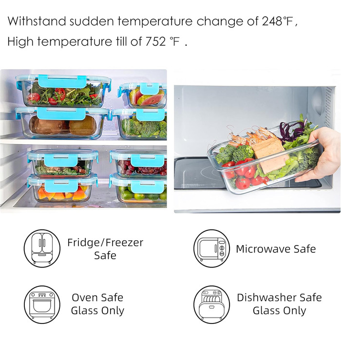 Набір з 10 скляних контейнерів для зберігання продуктів, з кришкою, BPA-Free, підходить для мікрохвильової печі, морозильника та посудомийної машини (блакитний)