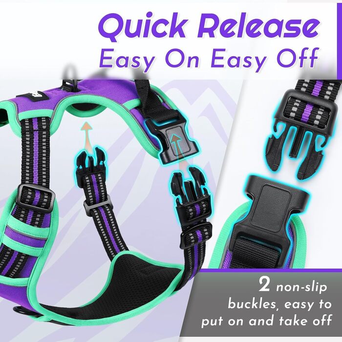 Шлейка для собак Eagloo, великі породи, анти-тяга, світловідбиваючі смуги, регульована, для Лабрадора, L (1 шт, м'ятно-зелений & фіолетовий)