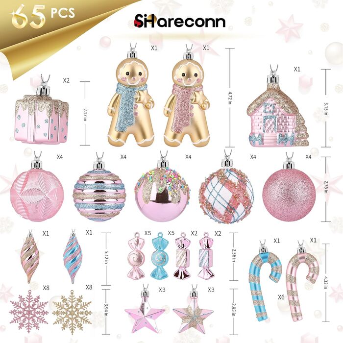Набір прикрас на ялинку Shareconn 65 шт. з пластику, міцні, з мотузкою, різні розміри та кольори (червоний & білий, макарон)