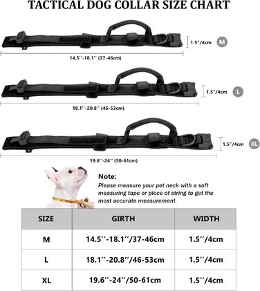 Тактичне обплетене нашийник для собак з ручкою та повідок, військовий стиль, м'яка підкладка, нейлон, регульований, середні та великі породи (Чорний, M)