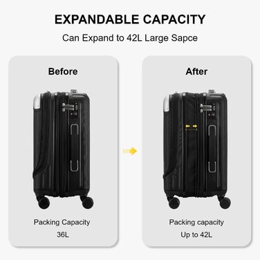 Чемодан-валіза на колесах LEVEL8, ручна поклажа, жорсткий корпус, розширюваний, з TSA замком, чорний, 37x25x55.5 см