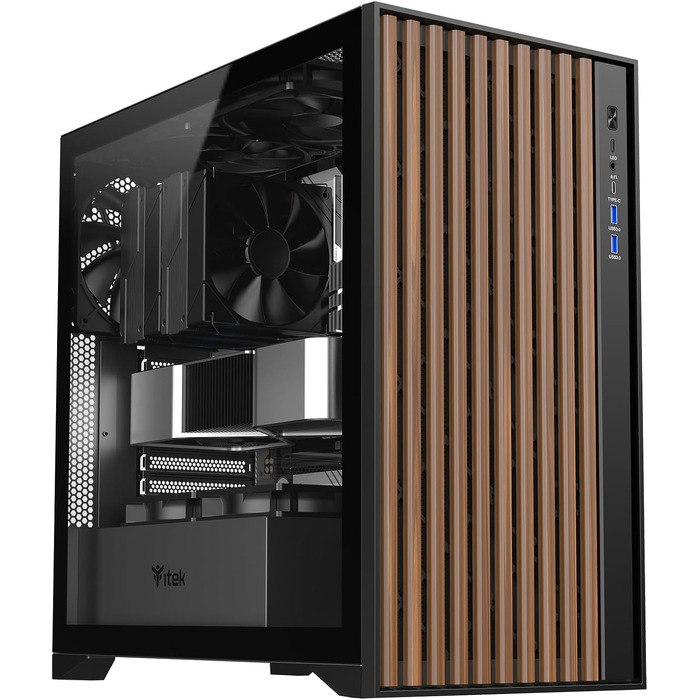 Ігровий корпус Itek Woody Gaming Tower ATX, 3x14см вентилятори, USB 3.0, Type-C, дерев'яна передня панель, загартоване скло, чорний