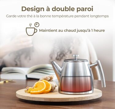 Teapot | Stainless Steel 1L | Teapot with Infuser | Stainless Steel Teapot | Stove for Teapot | Teapot with Stove | Tea Maker | Double-walled (Gray)