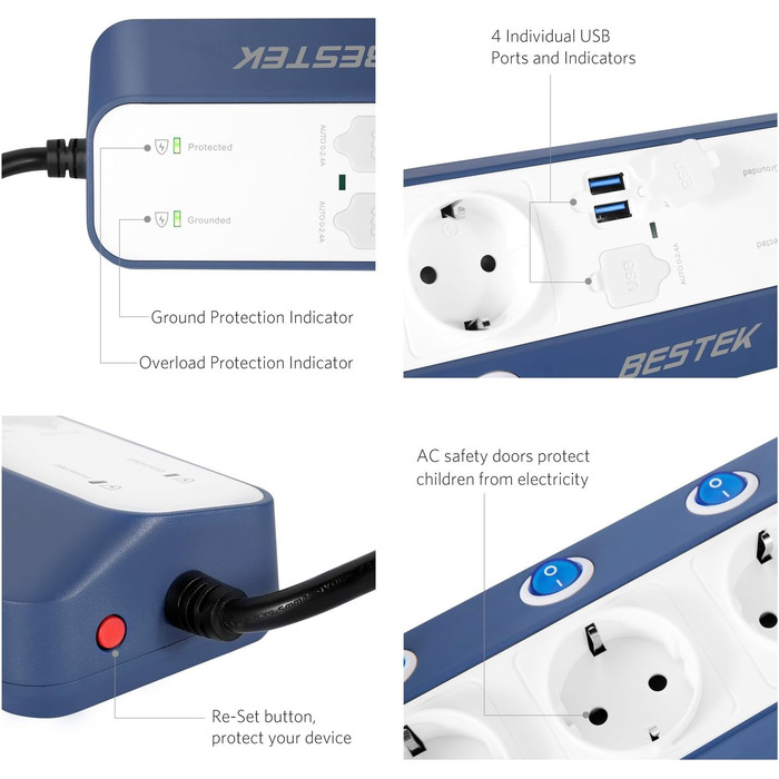 Мережевий фільтр BESTEK з 6 розетками, 4 USB, захистом від перенапруги 900 Дж, вимикач, синій та білий