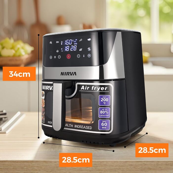 Аерофритюрниця Nirva 8.5л без олії, 1700W: смаження, запікання, антипригарне покриття, чорний/нержавіюча сталь