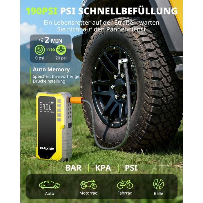 Powerbank для авто Karlxtom з компресором 190PSI, 88Wh, 4500A, LED-ліхтар, LCD-дисплей, для бензинових та дизельних двигунів (до 10L)