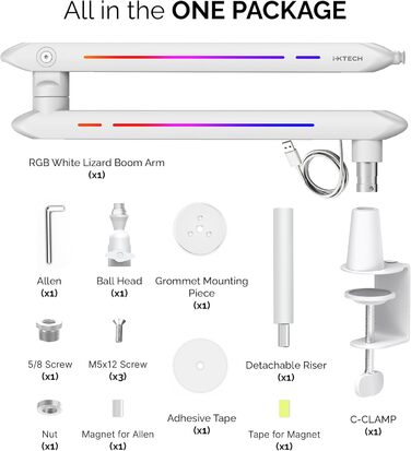 Підставка для мікрофона IXTECH RGB з низьким профілем, регульована, з кріпленням для столу та кабельною організацією, для стрімінгу та подкастів (5 ящірок RGB)