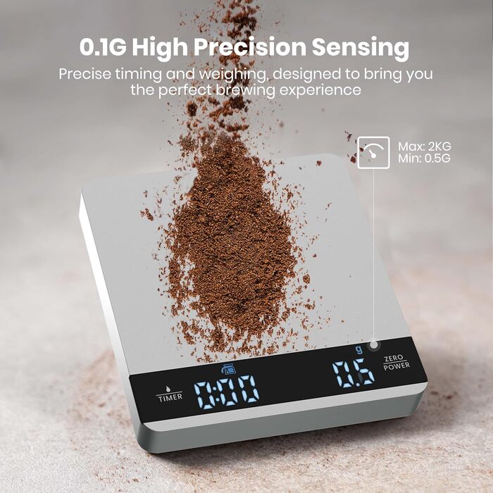 Maestri House Mini Espresso Scale with Timer - 2kg/0.1g Precision Digital Kitchen Scale for Espresso, Pour-Over & Coffee Brewing (Silver)
