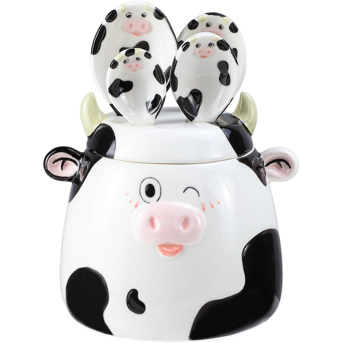Ceramic Measuring Spoon Set with Cow Pattern, 4-Piece, for Dry or Liquid Ingredients, with Measuring Cup Set, Microwave Safe, Hand Wash Recommended