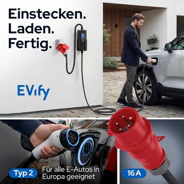Зарядний пристрій (wallbox) для електромобіля 11 кВт Typ 2, кабель CEE 16A - Typ 2 5м, 3 фази, портативна станція, регульована потужність