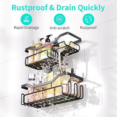 Дзеркальна поличка для душу HapiRm без свердління - органайзер для ванної кімнати та кухні, полиця для душу з 11 гачками, мильниця, тримач для бритви, тримач для шампуню, 3 кріплення, чорний