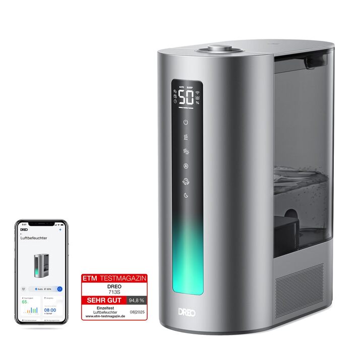Зволожувач повітря Dreo 6л Smart для великих кімнат, теплий/холодний пар, 60 год роботи, сенсор вологості, аромадифузор, сумісний з Alexa, сріблястий
