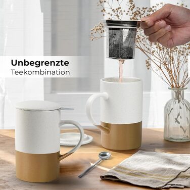 Набір чайних чашок Miamio 2 x 500 мл з кришкою та ситом, керамічні чашки з чайним ситечком та ложкою для заварювання листового чаю, подарунок для жінок, підходить для мікрохвильової печі та посудомийної машини (колір: коричневий)