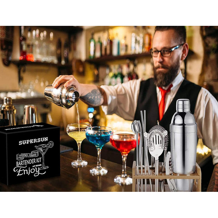 Набір для приготування коктейлів 15 предметів, 550 мл, нержавіюча сталь, барменський набір, бартова аксесуар, подарунковий набір для дому