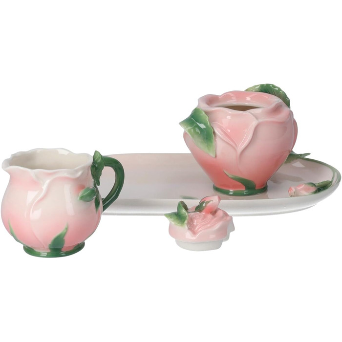 Keyhome store - Set of Milk Jug and Sugar Bowl in Ceramic, pink with box and tray, ideal for coffee breaks - Milk Jug 7 x 11 cm - Sugar Bowl 11 x 13 cm