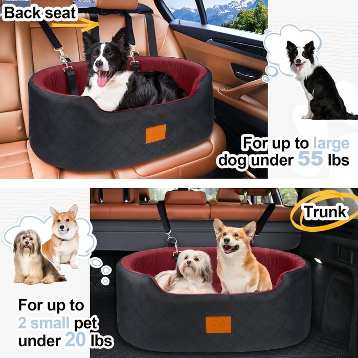 Dog Car Seat for Medium & Large Dogs (Up to 25kg) or 2 Small Dogs - with Leashes & Washable Cushion - Back Seat Cover (Black/Red)