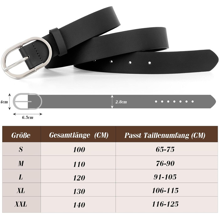 Жіночий та чоловічий шкіряний ремінь WHIPPY з срібною пряжкою для джинсів та штанів (чорний, розмір L 91-105 см, довжина 120 см)