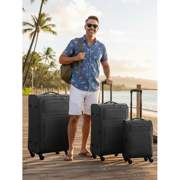 Набір валіз SMARTBOX 3 шт. для жінок та чоловіків | Легкі та міцні валізи-ролери, високоякісний softcase, 4 колеса та кодовий замок | Розширювані з деhnfalten (Edition 04) Чорний