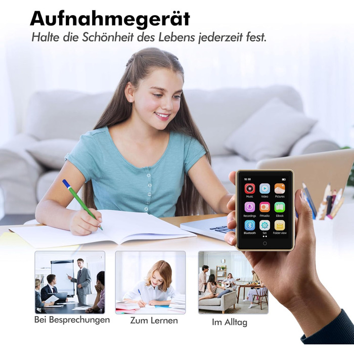 MP3-плеєр 32GB з Bluetooth 5.3 та динаміком, портативний Hi-Fi плеєр для дітей з 2.8-дюймовим сенсорним екраном, FM-радіо та диктофоном, підтримка TF-карт до 128GB (Золотий)