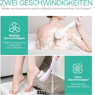 VOYOR Back Brush Shower Brush Body Brush Electric Back Scrubber with Long Handle Waterproof Rechargeable with 4 Cleaning Heads for Spa Shower Exfoliating Massage Brush BC100 (Purple)