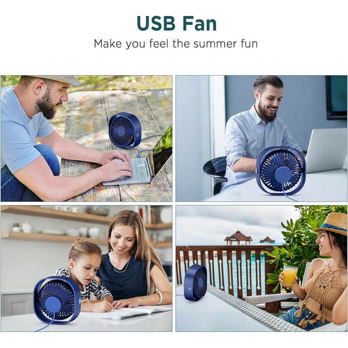 EasyAcc USB вентилятор: мініатюрний, тихий, настільний, 3 швидкості, 360° оберт, для офісу, дому. 2 роки гарантії (Marineblau, прямокутний)