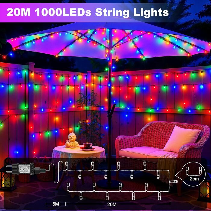 LED гірлянда для прикраси саду, балкону, весілля: 20м, 1000 LED, RGB, 8 режимів, таймер, вологостійка