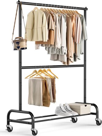 MISSLO Heavy-Duty Clothes Rack Double, Metal Clothes Rod on Wheels Stable Mobile Coat Rack for Coats, Shirts (White) (Black)