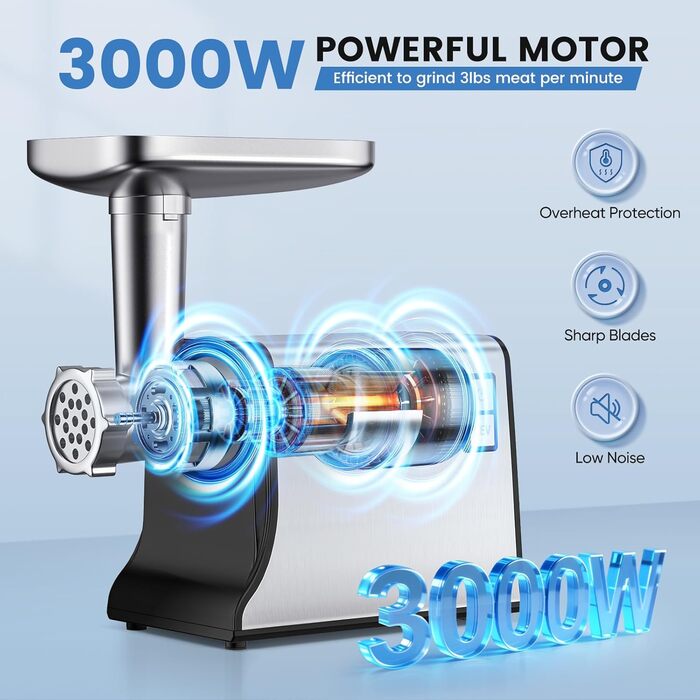 Електрична м'ясорубка 3000 Вт, багатофункціональна, з 3 насадками для фаршу, кубе та 3 насадками для ковбас, для дому