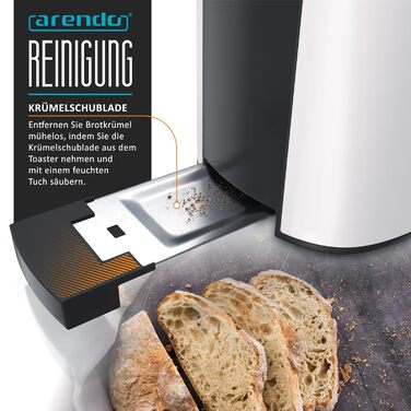 Тостер Arendo з 2 слотами, білий матовий, 1000W, з підігрівом для булок, 6 рівнів підсмажування, дисплей, функція розморожування, нержавіюча сталь