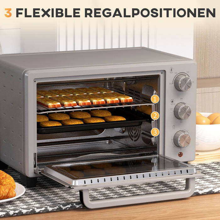 HOMCOM 21L Small Oven, 100°C-230°C, 1 Hour Timer, with 3 Cooking Modes, Wire Rack, Baking Tray, Stainless Steel, 46L x 38.5W x 29H cm, Silver | Aosom