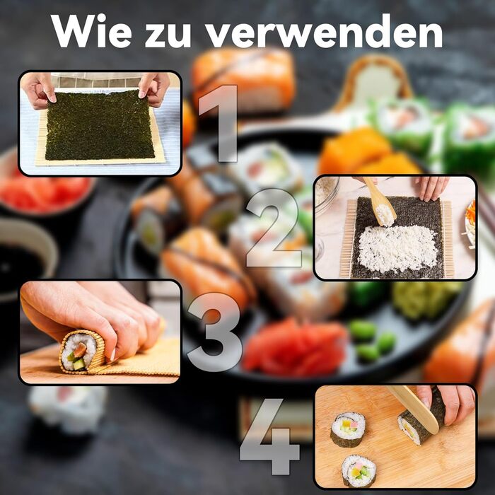 Набір для приготування суші на 10 порцій: 3 бамбукові мати, 5 пар паличок, ніж та ложка для рису. Для початківців та професіоналів
