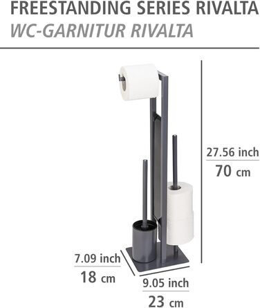 WENKO Stand WC-Garnitur Rivalta, freestanding toilet set with toilet brush, toilet paper and spare roll holder, matt lacquered steel, safety glass splash plate, 18 x 70 x 23 cm, Grey Grey/Black/Black