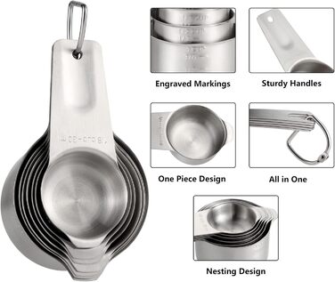 Measuring Cup and Spoon Set Stainless Steel Measuring Cup & Spoon Set includes 7 stainless steel metal measuring cups, 6 measuring spoons, and 5 mini measuring spoons for dry and liquid ingredients.
