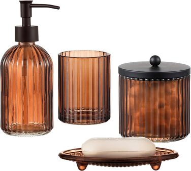 4-Piece Heavy Glass Bathroom Accessories Set with Decorative Embossed Pattern – Includes Soap Dispenser, Cup, Soap Dish, and Toothbrush Holder (brown)