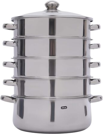 Паровар багаторівневий 5-ти ярусний, пароварка індукційна з нержавіючої сталі, парові грати, пароварка, каструля-пароварка з кришкою з термостійкого скла, діаметр 30 см