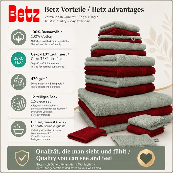 Набір рушників Betz Premium 12 предметів, 100% бавовна, Oeko-TEX, 470 г/м², колір сіно-зелений/ялиновий (2 банні, 4 ручні, 2 гігієнічні, 2 для мила, 2 рукавички)