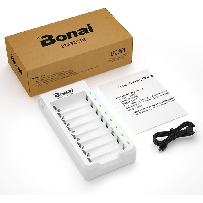 Зарядний пристрій BONAI для акумуляторів AA AAA NI-MH з LED-дисплеєм, USB, швидка зарядка, 8 слотів