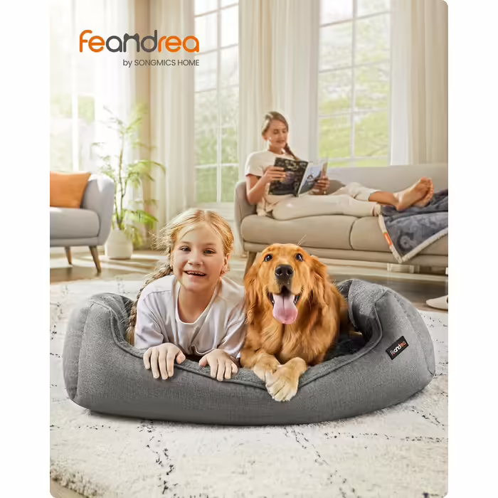 Feandrea Dog Bed, Linen-Look Dog Cushion, Dog Basket, Raised Edges, Non-Slip Bottom, Removable and Washable Cover, XL, for Large Dogs, 110 x 75 x 27 cm, Light Grey PGW12GG