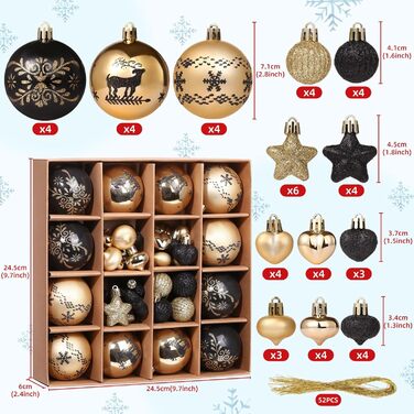 Кріплення для ялинки Kesote: 52 золоті та чорні ялинкові кулі для декору на Різдво та святкування