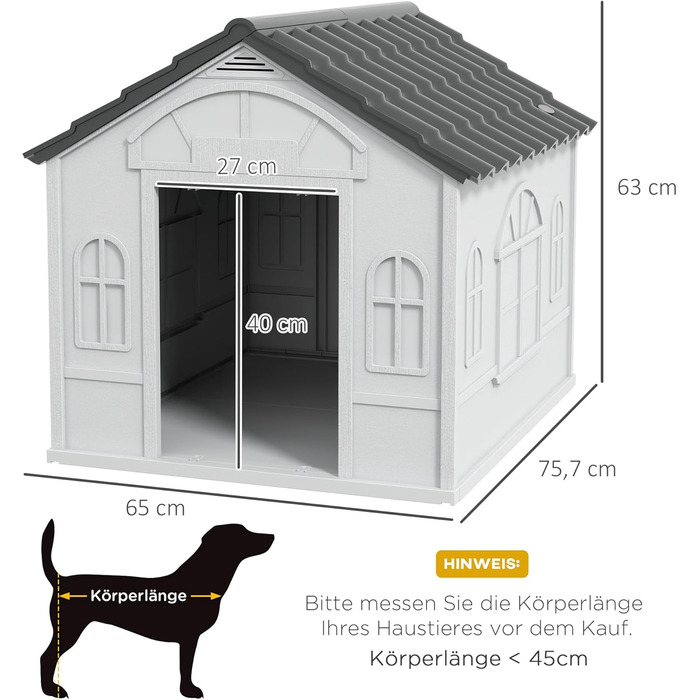 PawHut Dog House with Gable Roof - Weatherproof Outdoor Dog Shelter for Medium Dogs (Up to 20kg) - Grey