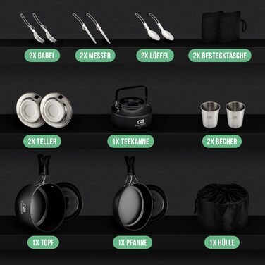 Набір посуду для кемпінгу - кухонний набір для 2 осіб з алюмінію та нержавіючої сталі