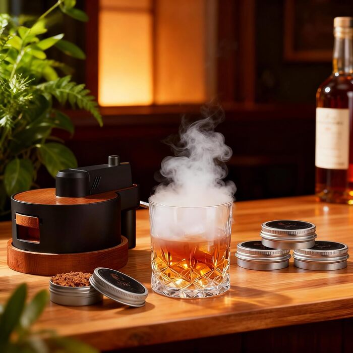 Набір для копчення віскі зі вбудованим запальничкою, 6 видів тирси, 2 склянки, 2 форми для льоду, набір для димчастого коктейлю, подарунок на Різдво та день народження для чоловіків, батька, чоловіка (БЕЗ бутану) (коричневий)