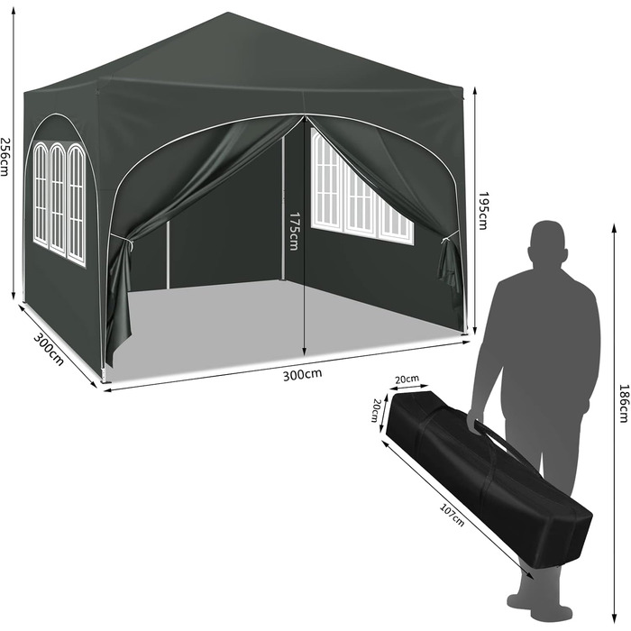 WOLTU Gazebo, Folding Gazebo 3x3 m, with 4 Side Walls, Party Tent Waterproof UV Protection 50+, Adjustable Height Garden Gazebo, with Carry Bag, for Outdoor Garden Camping Grey