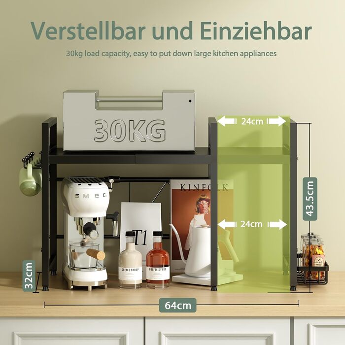 Регульована полиця для мікрохвильової печі NETEL 2-ярусна, чорна, висувна 40-60 см з тримачем для напоїв та кошиком