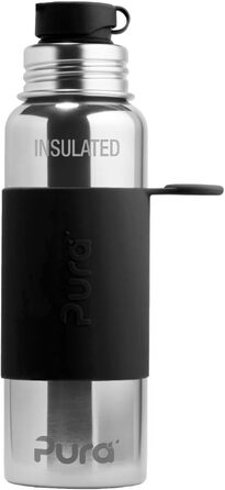 Pura Sport vacuum-insulated 650 ml stainless steel water bottle with silicone sport flip-top closure and sleeve, black (plastic-free, non-toxic certified, BPA-free)