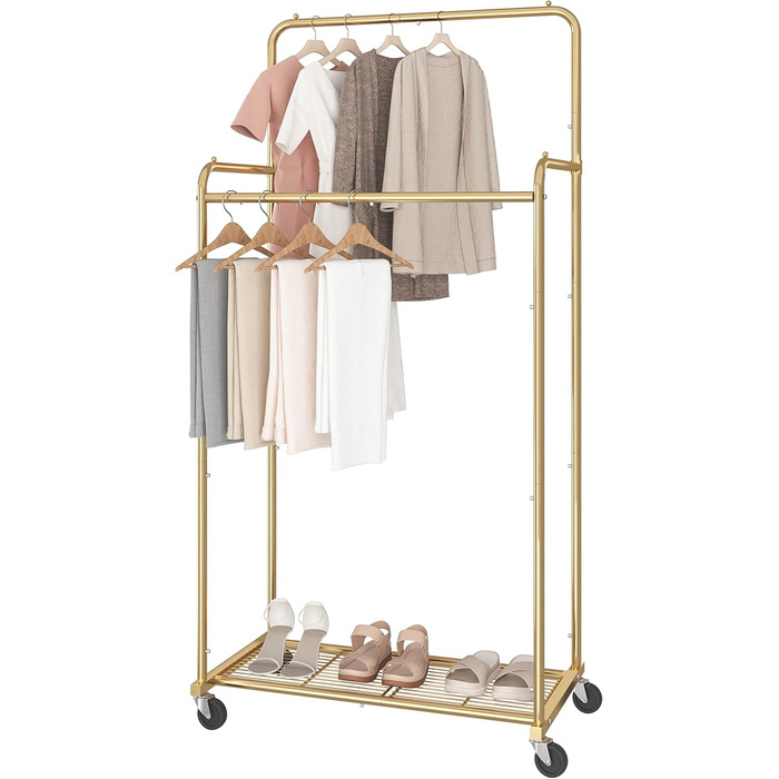 Clothes rack with double bar, sturdy clothes rack on wheels for hanging clothes, with 4 hooks, gold